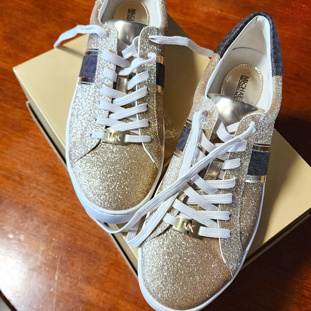 NEW IN BOX MICHAEL MICHAEL KORS IRVING STRIPE LACE UP SNEAKERS GLITTER SIZE 10